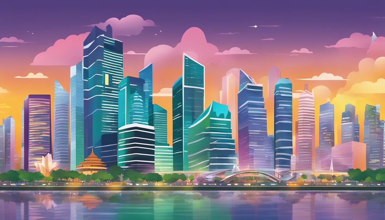 A vibrant cityscape with CPF LIFE and RSS logos towering over the financial district, symbolizing their impact on Singapore's financial landscape