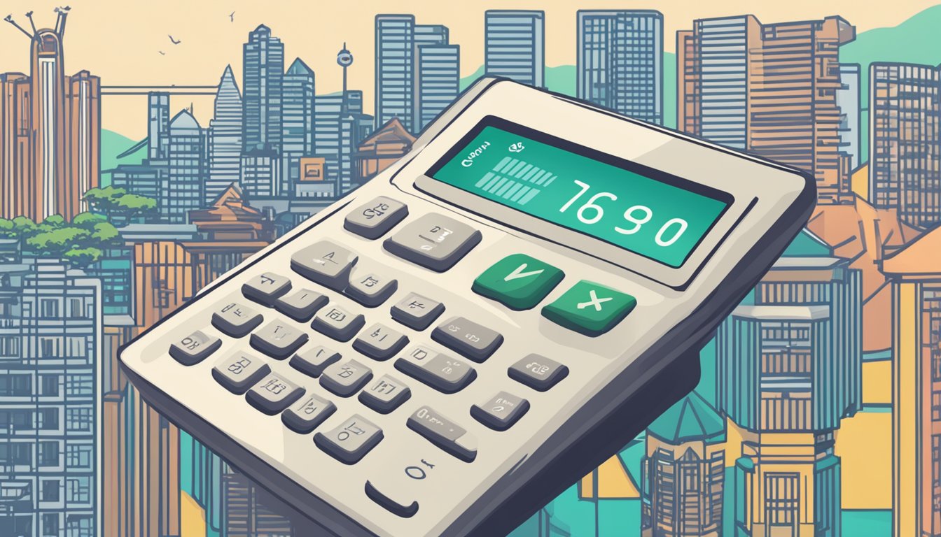 A calculator displaying CPF mortgage calculations with Singaporean landmarks in the background