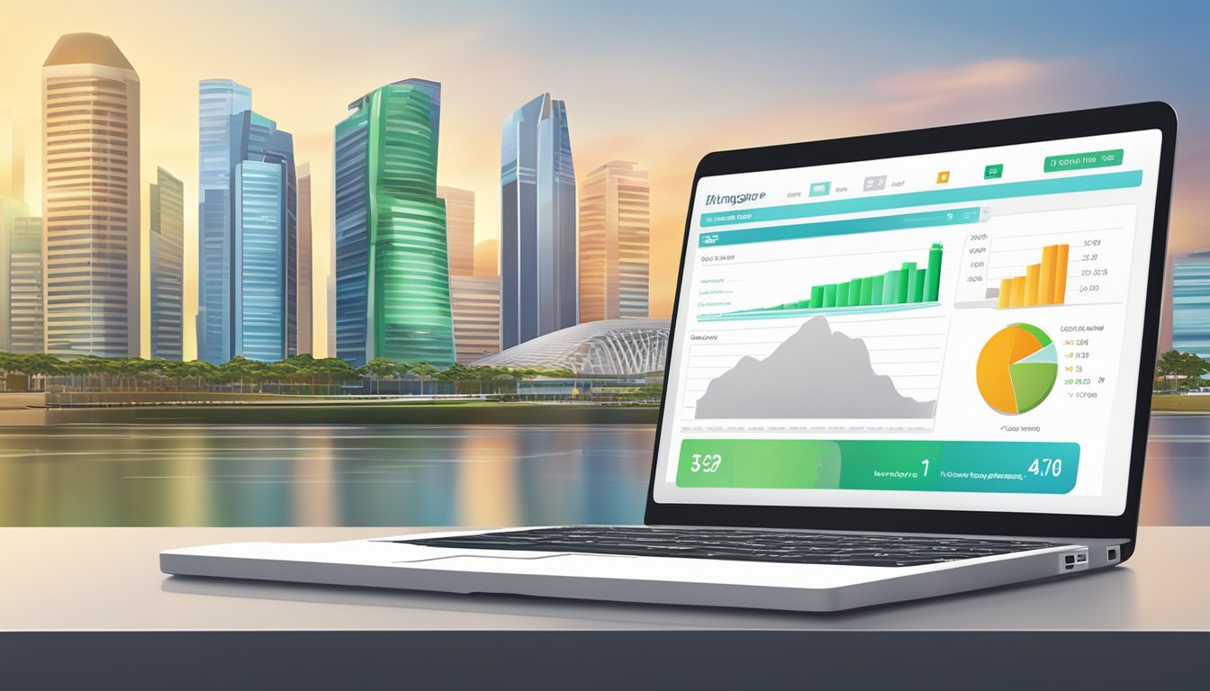 A laptop displaying a CPF mortgage calculator with the Singapore skyline in the background
