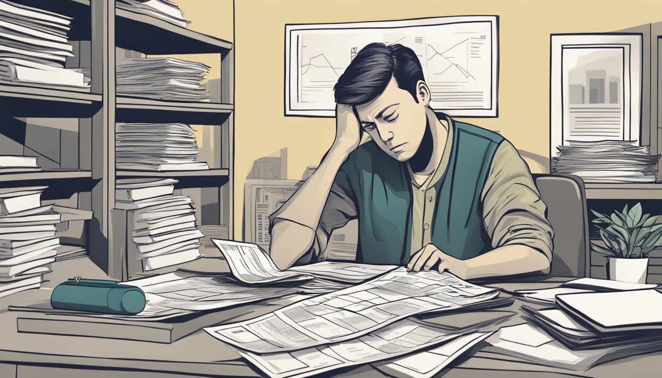 A worried individual stares at a stack of unpaid bills, with a housing loan statement prominently displayed. The CPF balance falls short