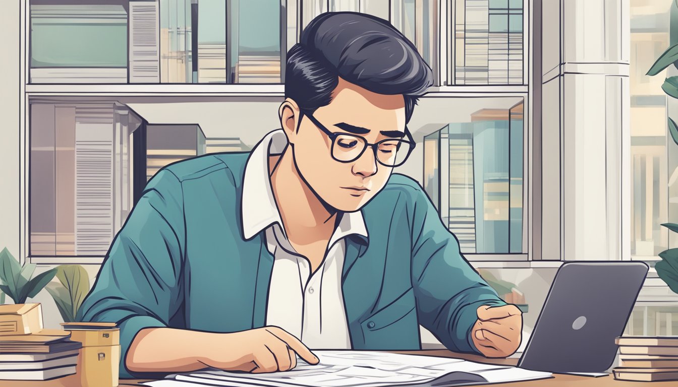 A person reviewing documents, calculator in hand, with a concerned expression as they try to figure out how to maximize CPF for housing loan in Singapore