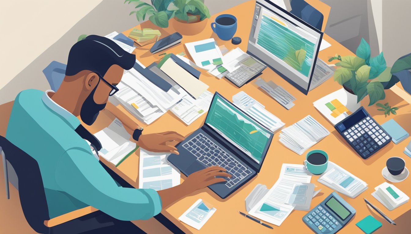 A person sits at a desk, surrounded by financial documents and calculators. They are focused on planning for retirement while also managing their housing loan payments
