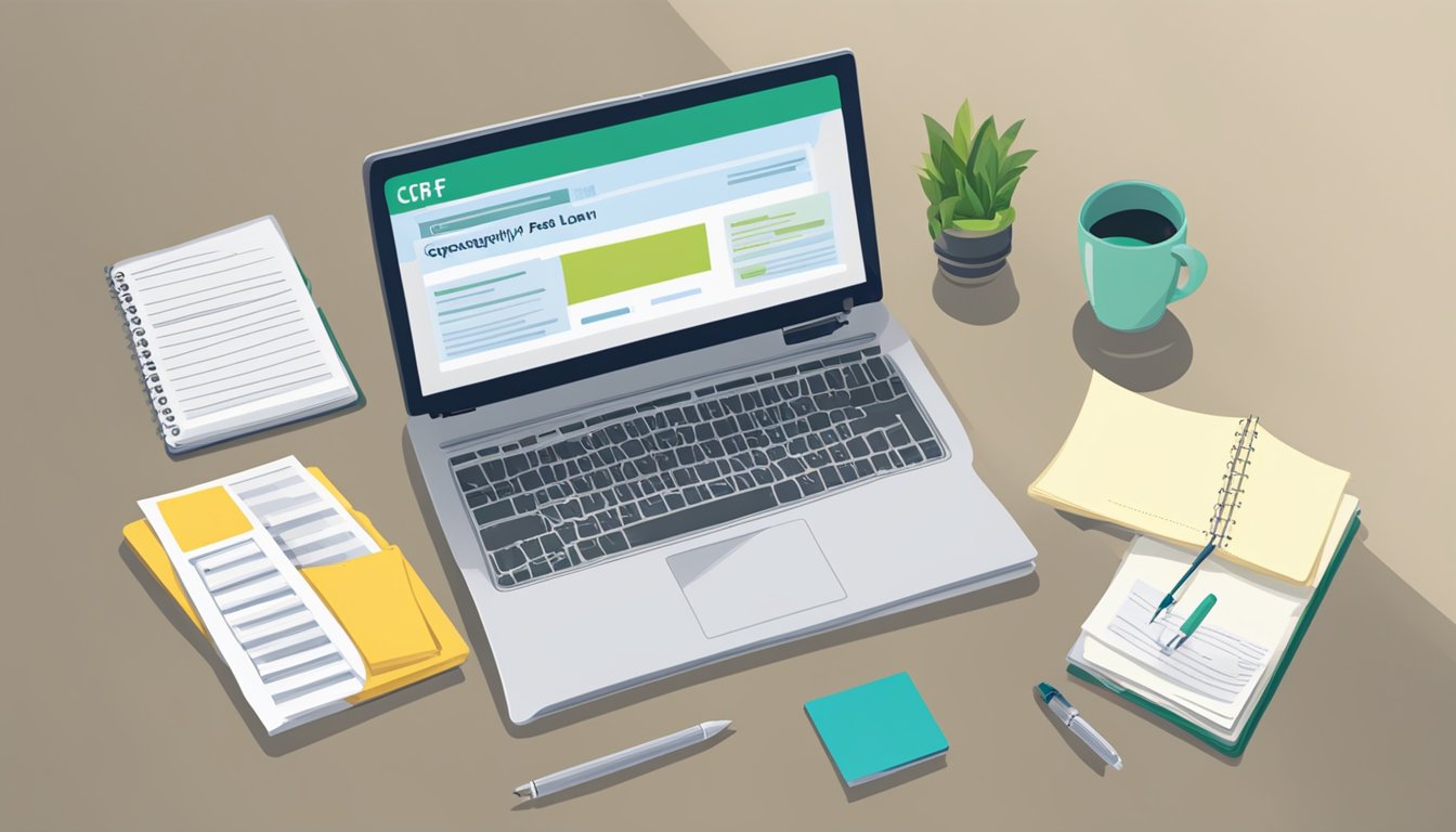 A table with a laptop, pen, and paper. A sign reads "Frequently Asked Questions cpf personal loan singapore."