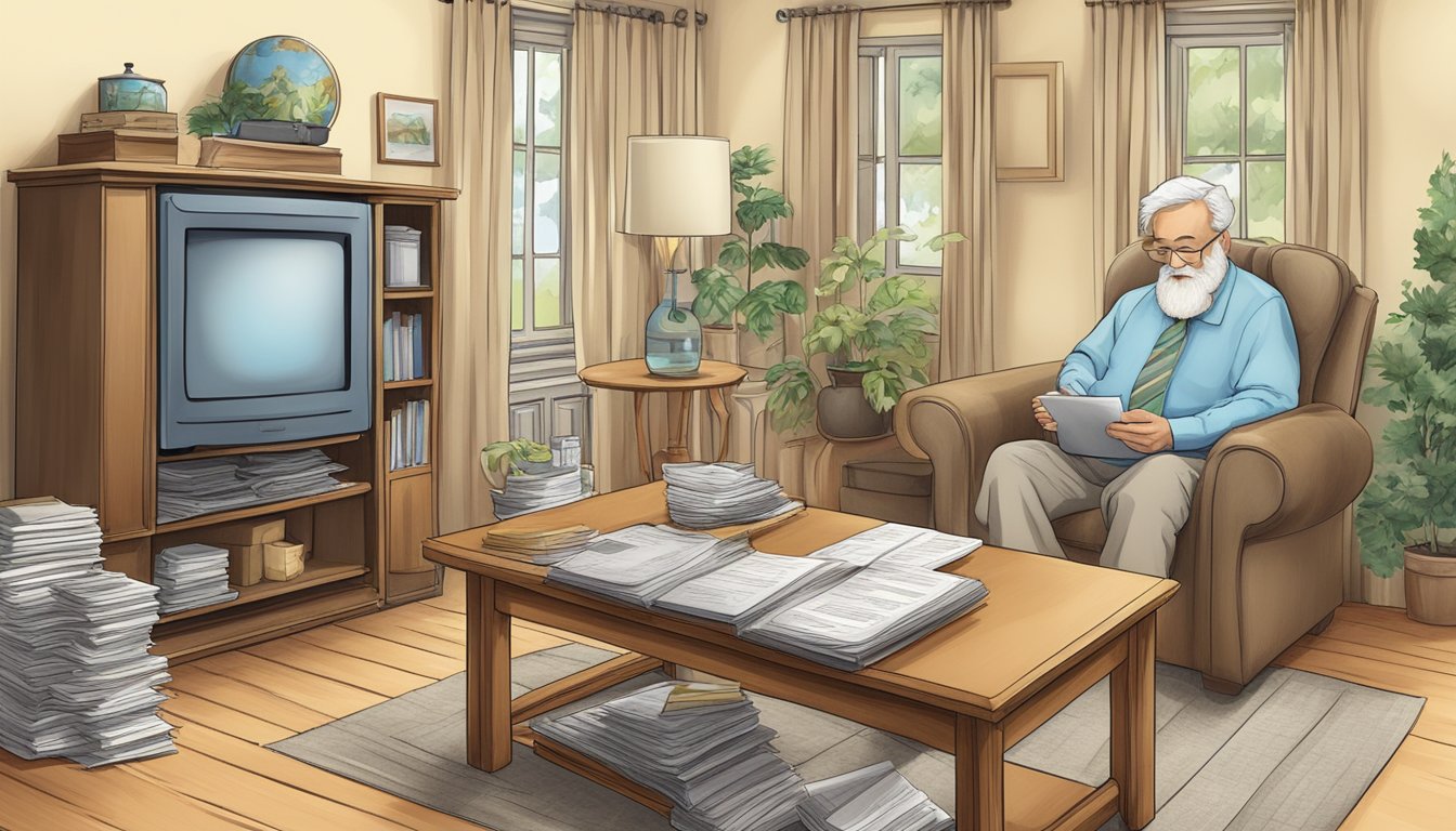 A peaceful retirement scene with a cozy home, financial documents, and a calculator