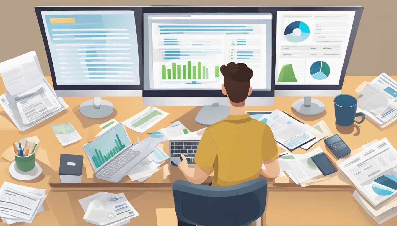 A person checking their credit report online, surrounded by financial documents and a computer, with a sense of determination and focus