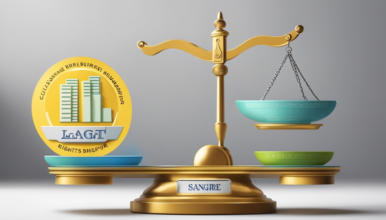 A scale with "Legal Framework" on one side and "Consumer Rights" on the other, balanced on a pedestal, with the words "Credit Bureau Singapore" and "Online Singapore" written in the background