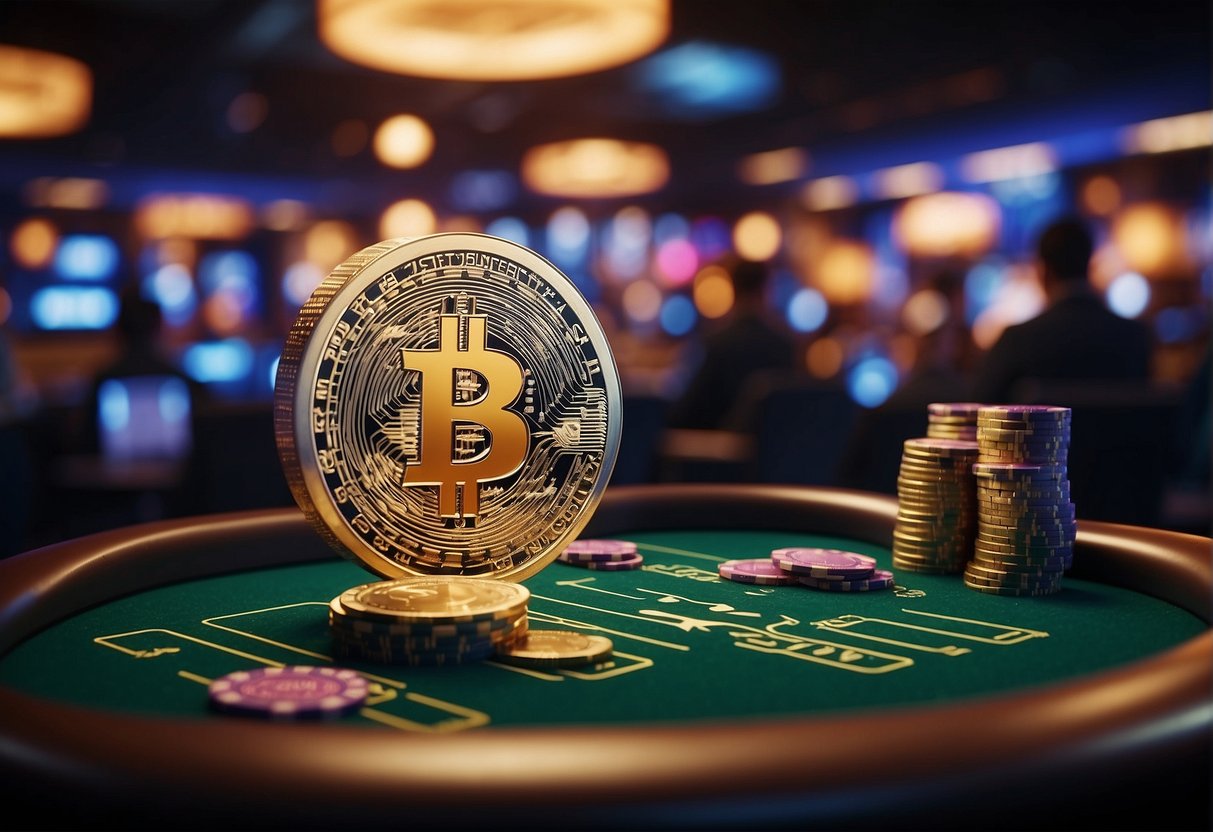 A futuristic casino with digital assets and blockchain technology. Players engage in decentralized finance (DeFi) gambling with cryptocurrency