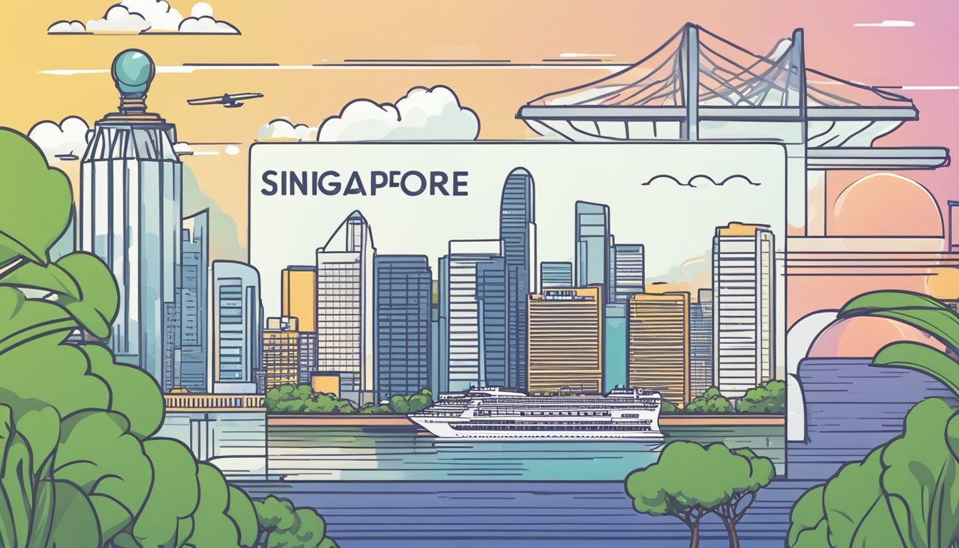 A credit card application form with eligibility criteria listed, set against the backdrop of Singapore's iconic skyline