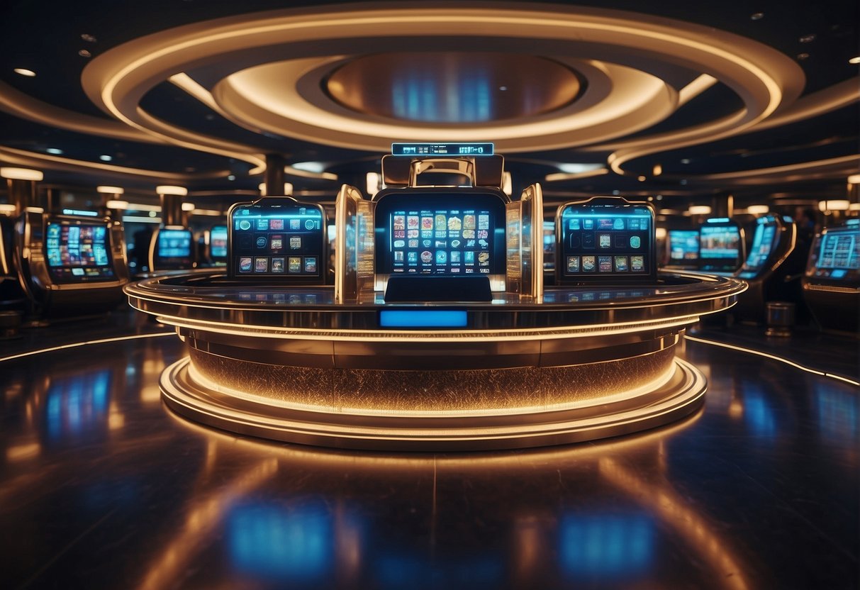 A futuristic casino with digital interfaces, blockchain transactions, and decentralized finance protocols