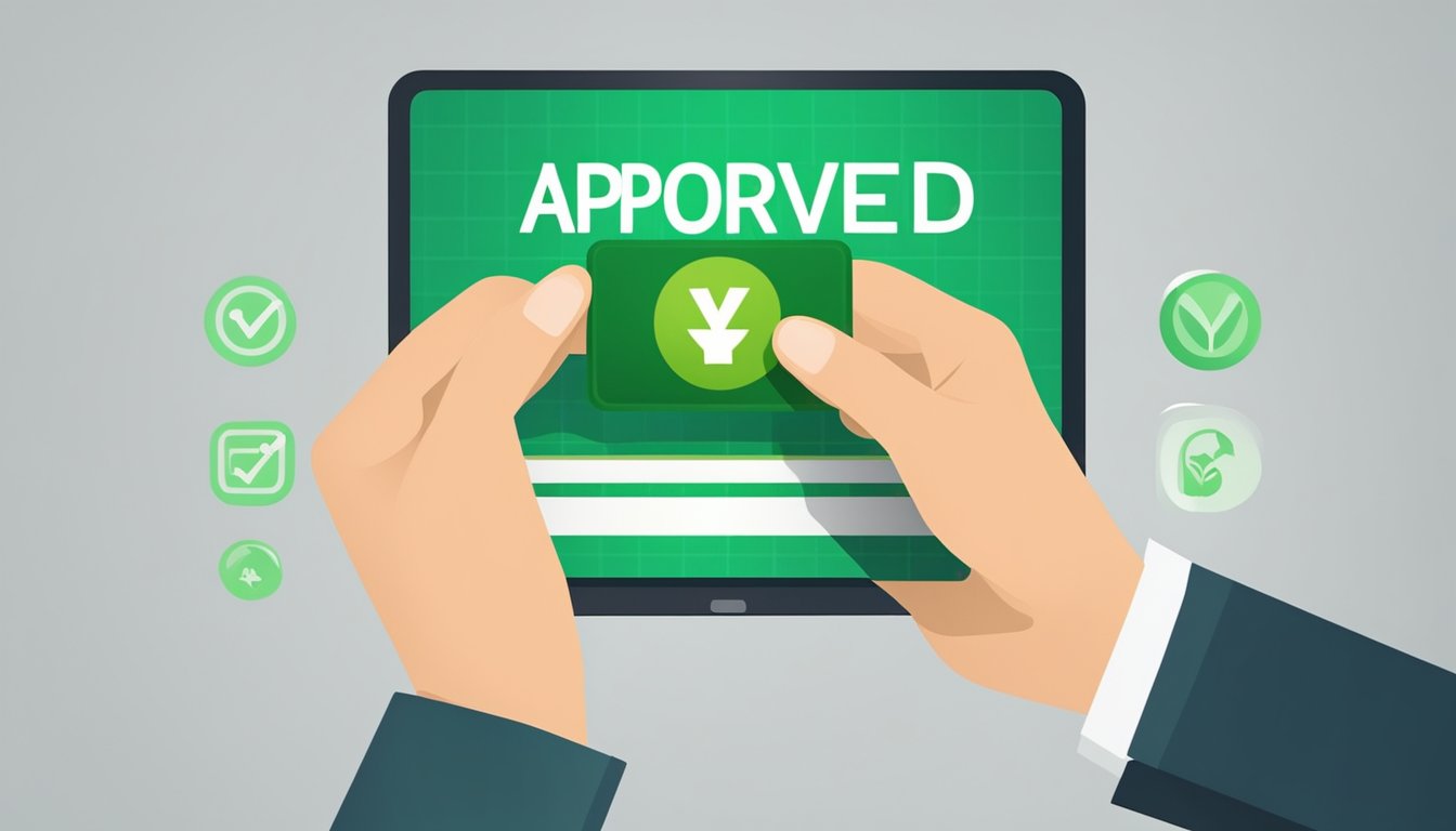 A hand holding a credit card with a green checkmark and the word "approved" displayed on a digital screen