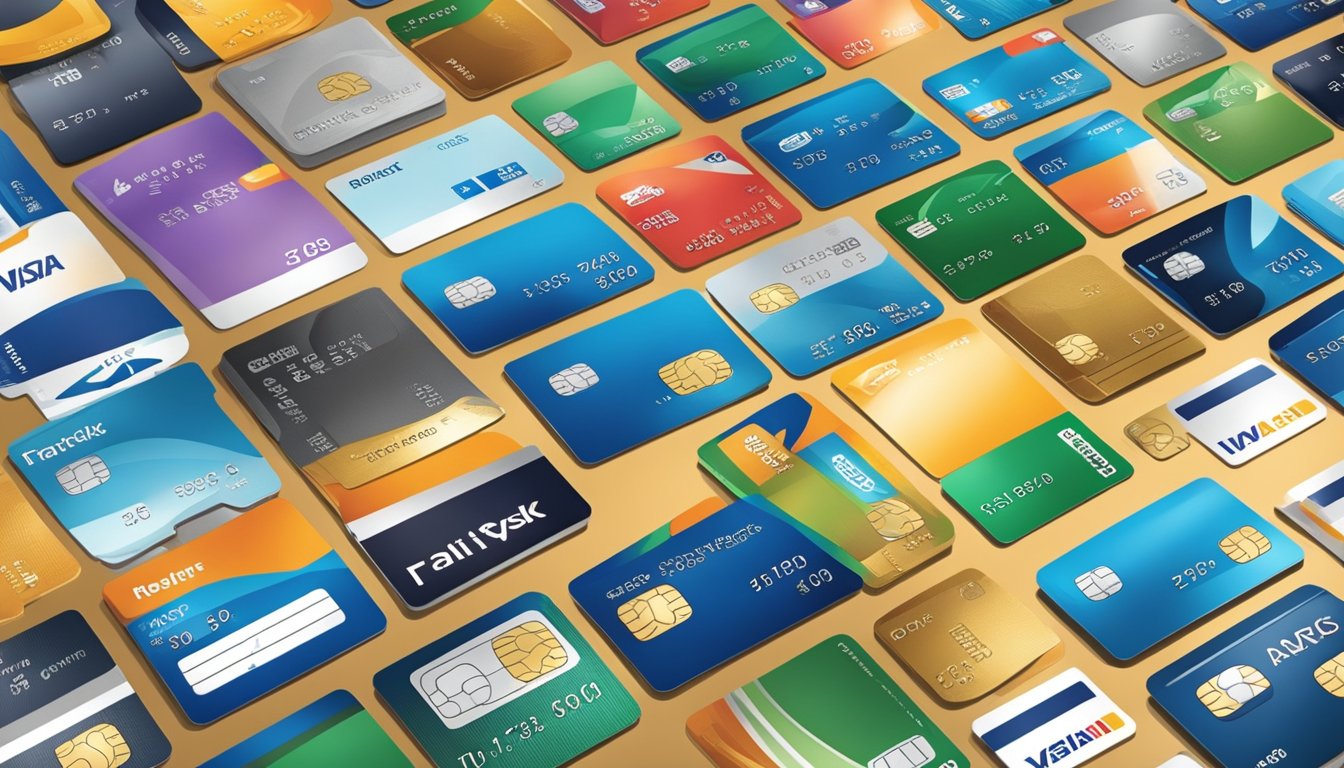 Various credit cards arranged on a table, including cashback, travel, and rewards cards. Each card features different designs and logos