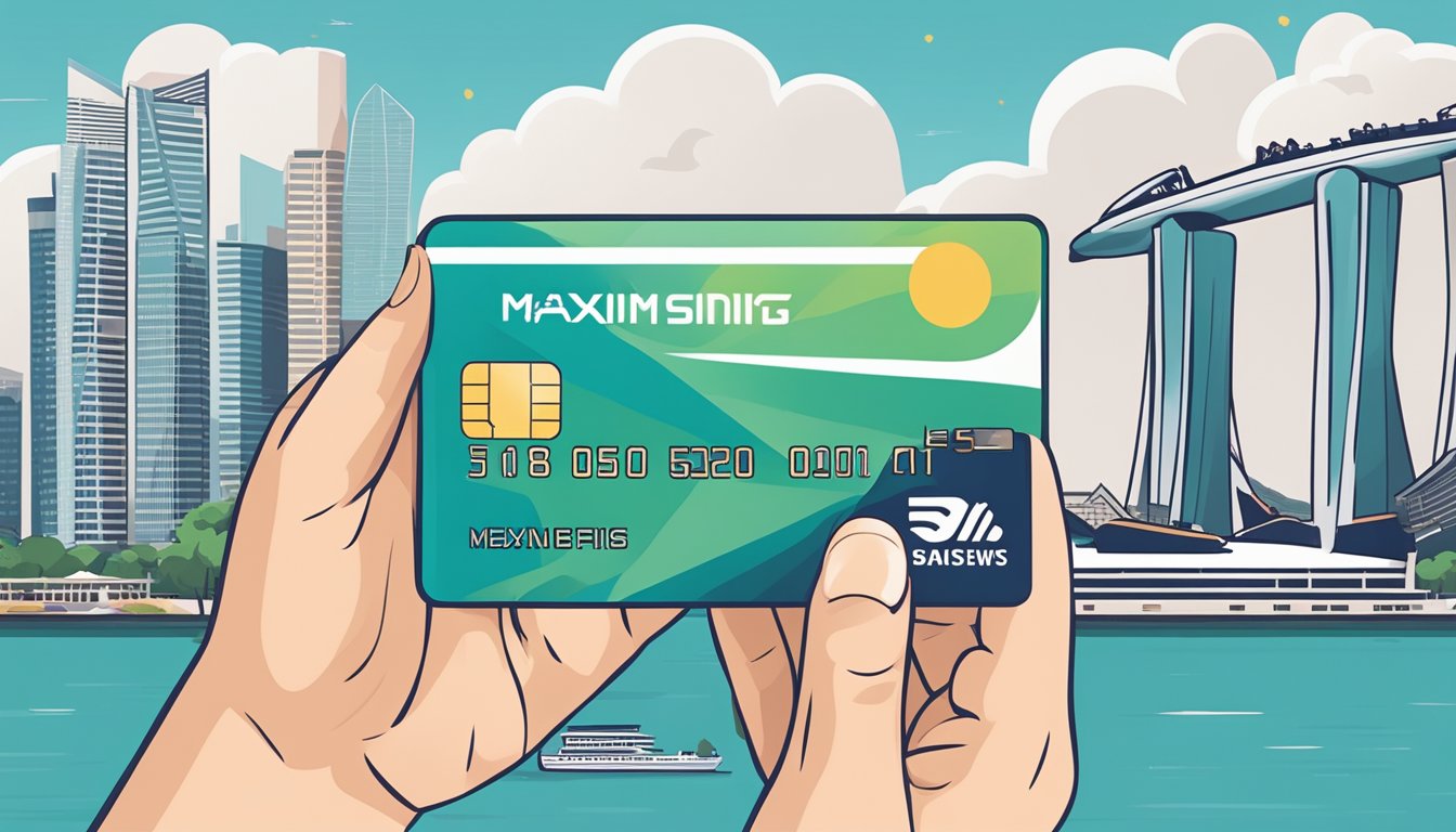 A hand holding a credit card with "Maximising Benefits and Rewards" written on it, against a backdrop of iconic Singapore landmarks