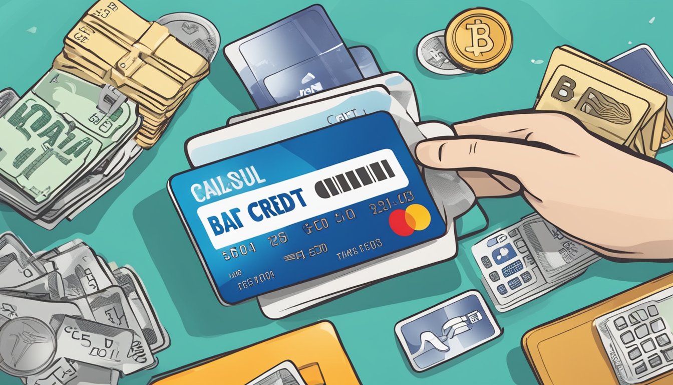 A hand holding a credit card with the words "bad credit" on it, surrounded by various credit card offers and promotional materials