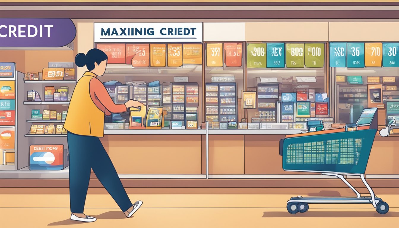 A person swiping a credit card at a store, with a sign displaying "Maximising Benefits from Credit Cards" and "credit card offers for bad credit Singapore" in the background