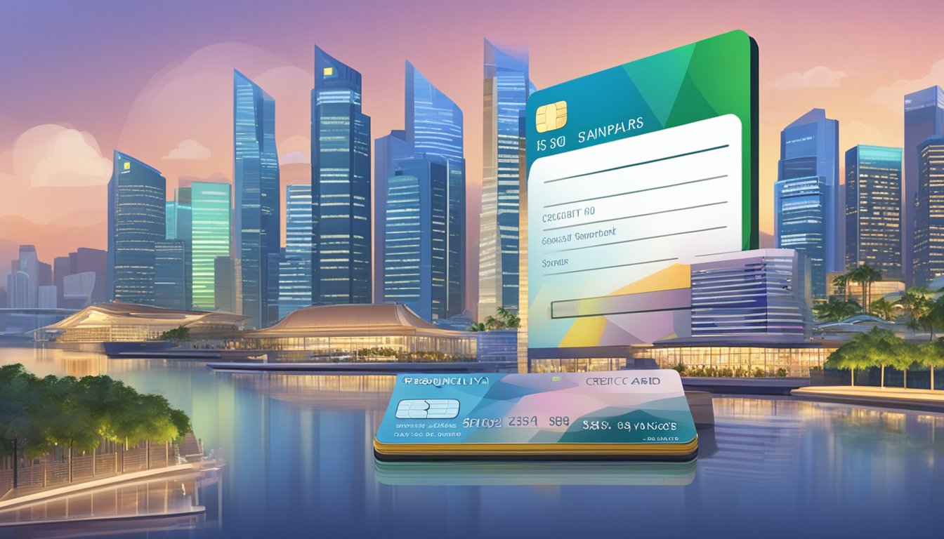 A stack of credit card offers with "Frequently Asked Questions" prominently displayed, set against the backdrop of the Singapore skyline