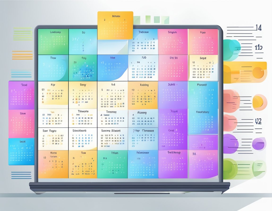 A whiteboard filled with colorful schedules and time slots. A computer screen displaying a digital calendar. A clock showing different shift times