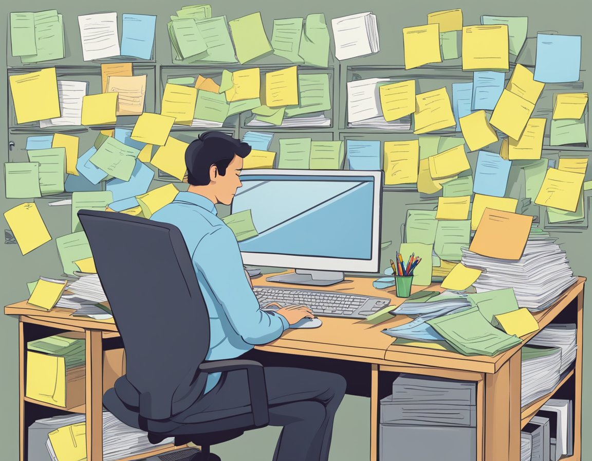 A busy office manager types furiously at a computer, juggling multiple schedules and staff assignments. Post-it notes cover the desk, each one with a different name and time slot