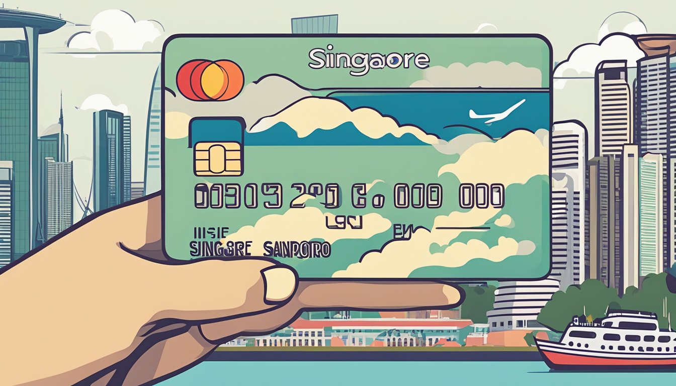 A hand holding a credit card with the word "Singapore" displayed on it, against a backdrop of iconic Singaporean landmarks