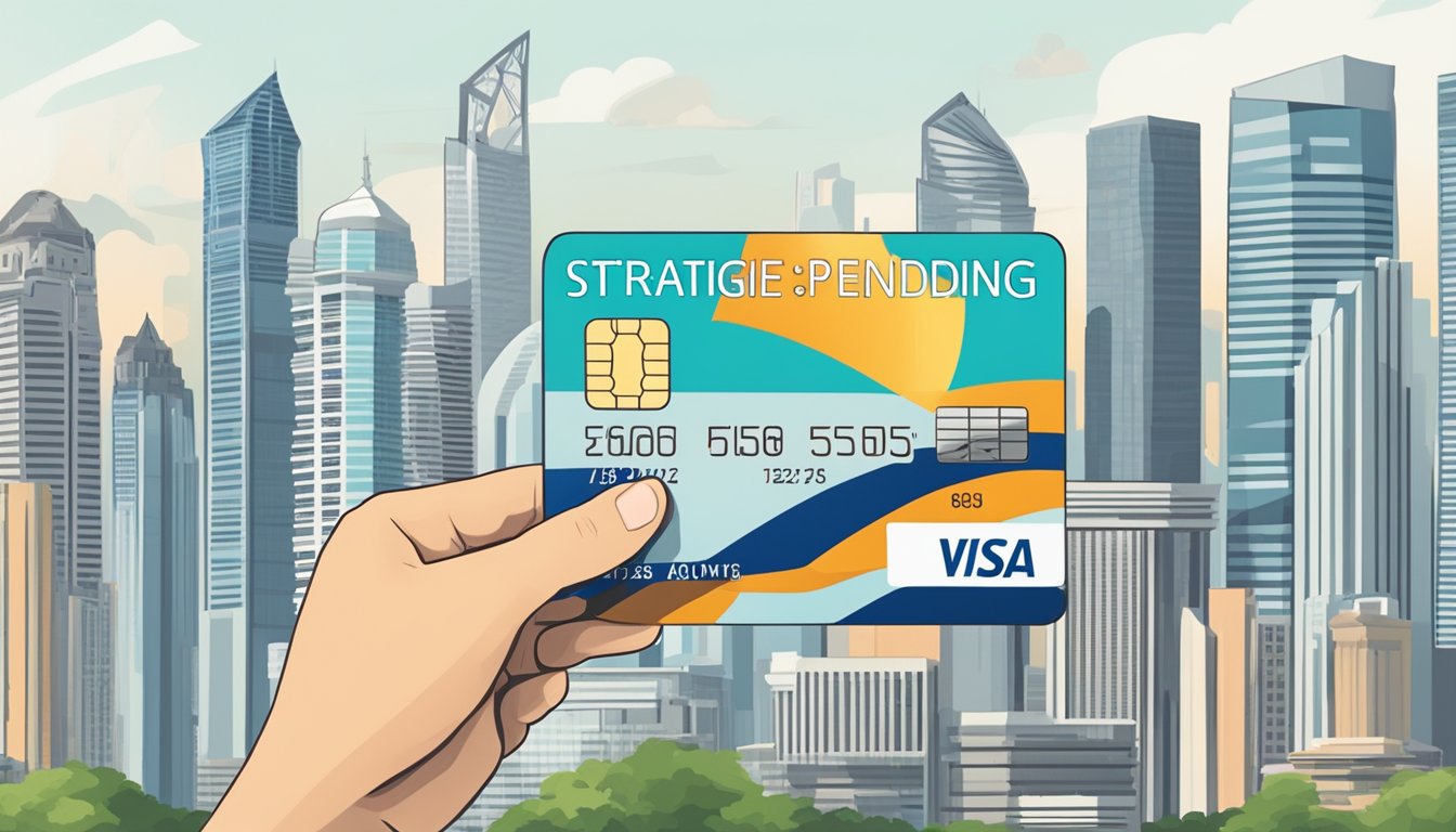 A hand holding a credit card with the words "Strategic Spending" on it, against the backdrop of the Singapore skyline