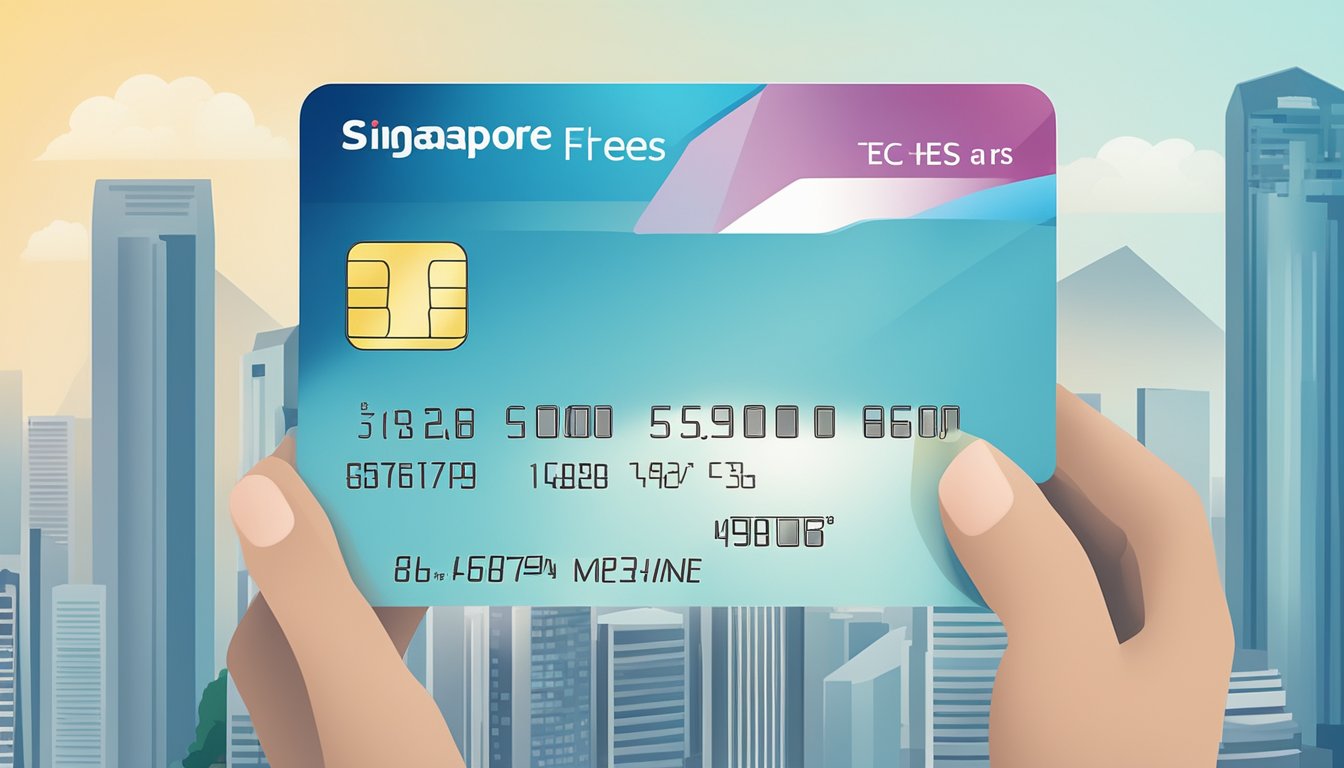 A credit card with a list of fees and charges displayed against the backdrop of the Singapore skyline