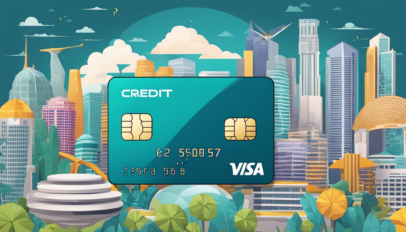 A credit card surrounded by question marks, with a backdrop of iconic Singapore landmarks in the background