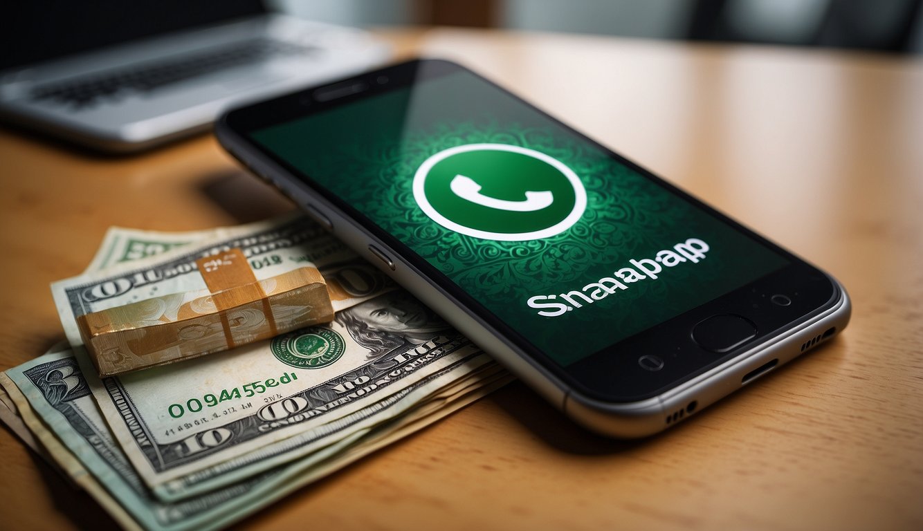 A smartphone with a WhatsApp logo and a stack of Singapore dollars on a desk