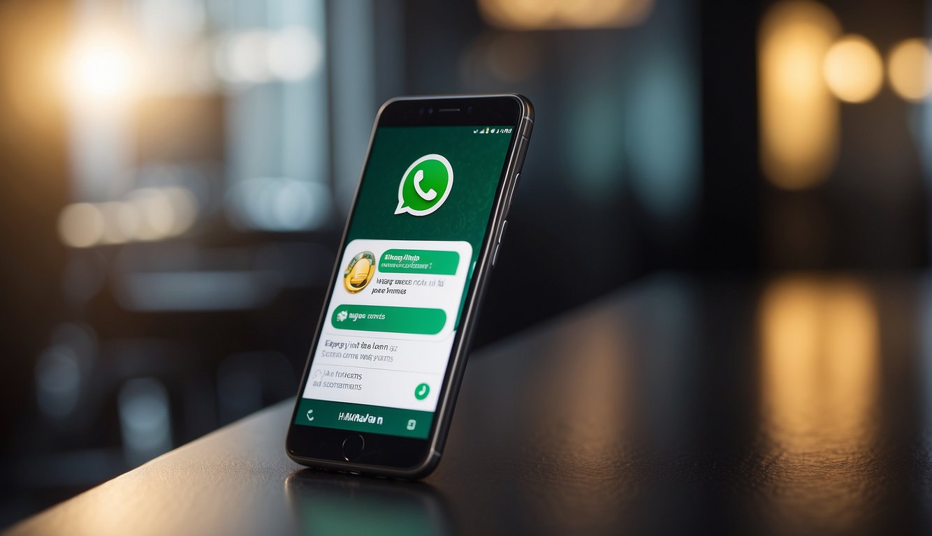 A smartphone with a WhatsApp chat open, displaying a conversation with a suspicious money lender offering loans with high interest rates and requesting personal information