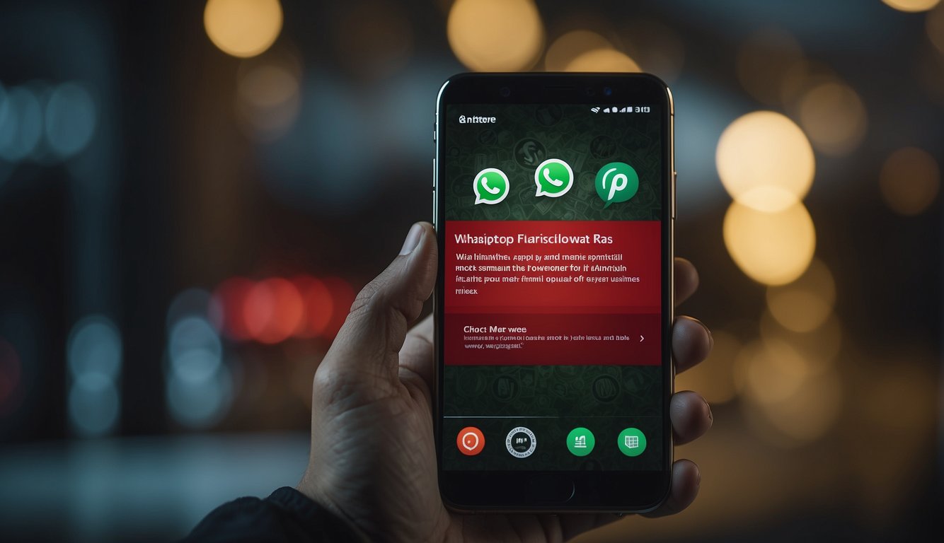 A smartphone displaying a WhatsApp chat with a suspicious money lender offering quick loans with high interest rates. Red flags and warning signs highlighted in the conversation