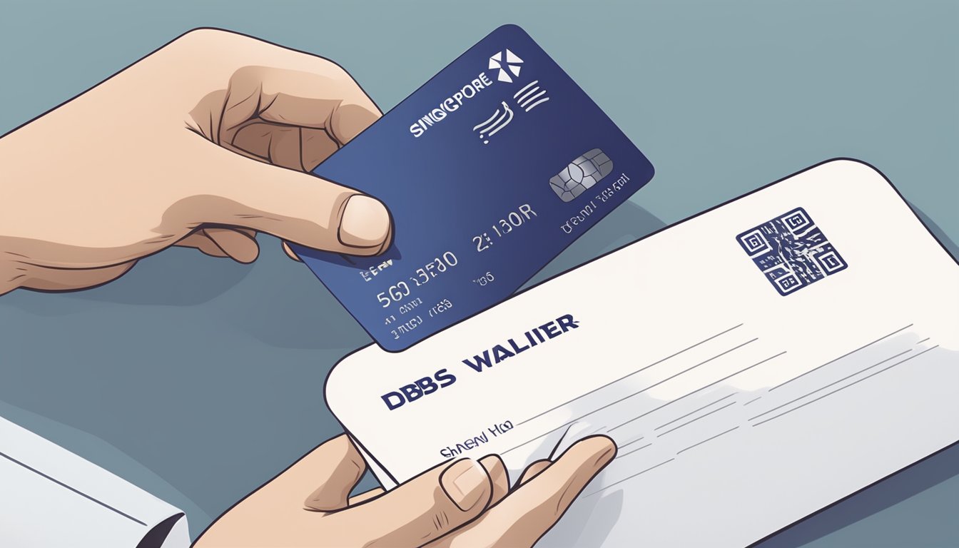 A hand holding a credit card hovers over a waiver form with the DBS Singapore logo