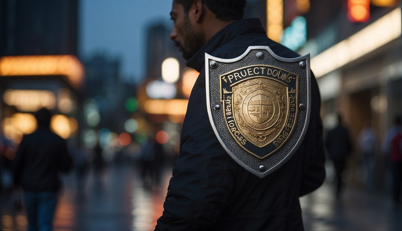 A person holding a shield with the words "Protect Yourself" while standing in front of a sign that says "Illegal Money Lending Practices."