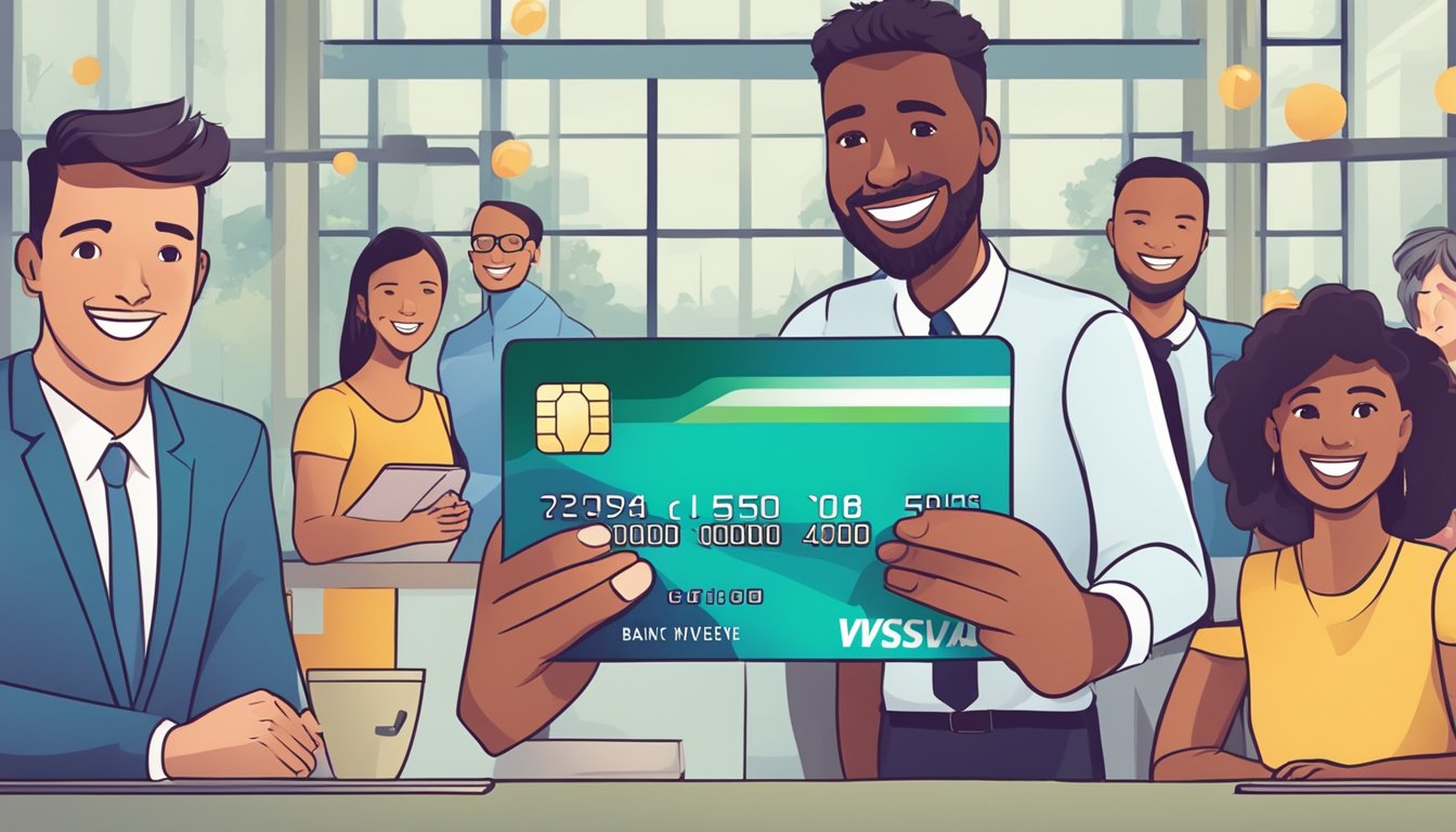 A credit card with "fee waiver" displayed prominently, surrounded by happy customers and a bank representative