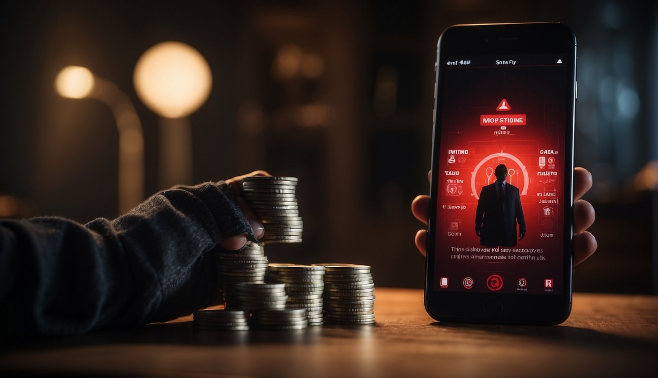 A shadowy figure lurks behind a smartphone, offering money with high interest rates. A red warning sign flashes in the background