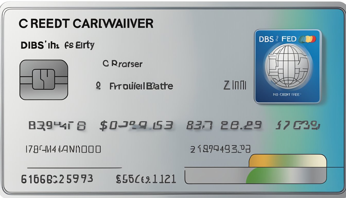 A credit card with "DBS Fee Waiver" displayed prominently. Text stating "Eligibility Criteria" and "credit card waiver" visible