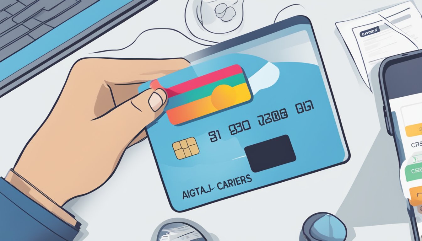 A hand holding a credit card hovers over a digital interface displaying DBS's Digital Services for Waivers. The screen shows options for credit card waiver requests
