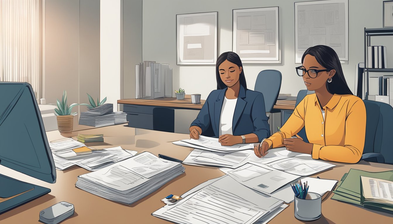 A person sits at a desk, surrounded by paperwork and financial documents. They are speaking with a credit counselor in a professional office setting