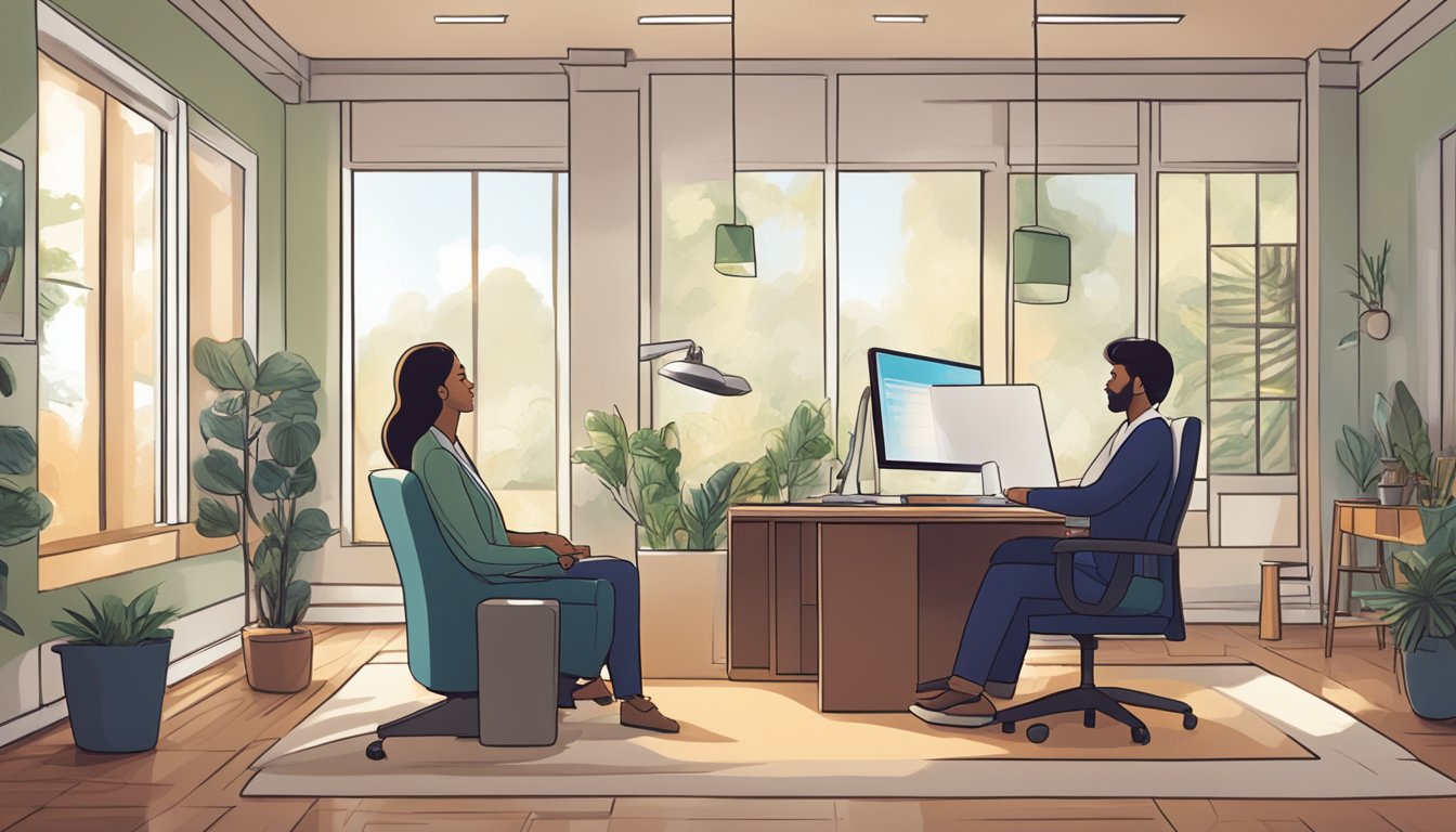 A person receiving credit counselling from a professional in a cozy office setting with a desk, chairs, and a computer