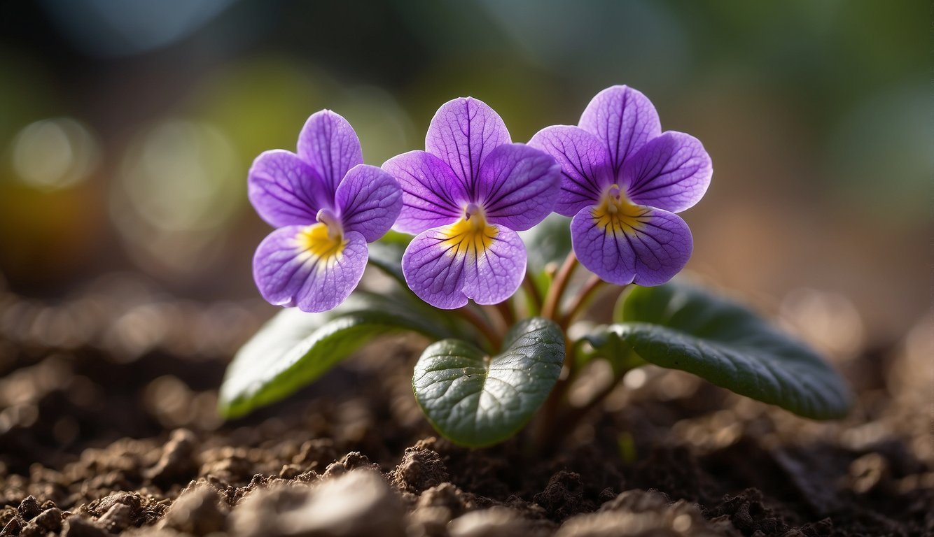 African violet flowers wilt in dry soil, leaves droop