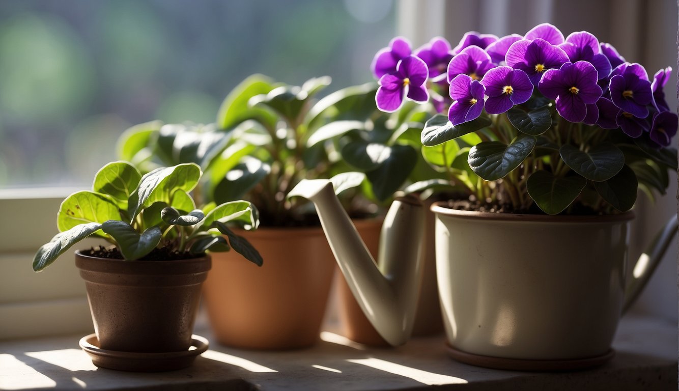 African violets sit on a windowsill, bathed in soft, filtered light. A watering can and small bag of fertilizer are nearby, ready for their regular care