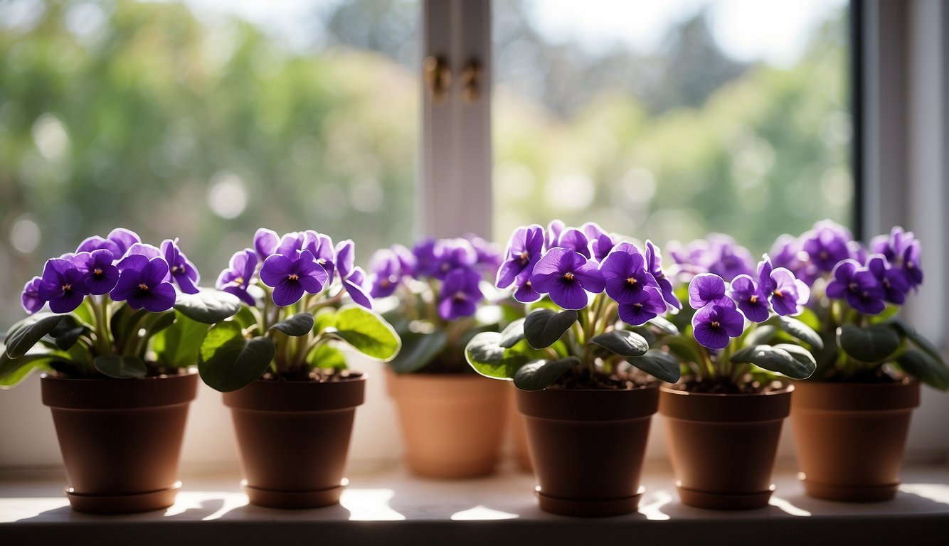 African violets sit on a sunny windowsill, surrounded by pots of rich, well-draining soil. A gentle misting of water keeps their fuzzy leaves vibrant, while a small, labeled watering can stands nearby