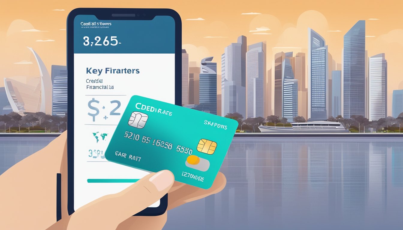 A hand holding a credit card with "Key Financial Terms and Rates" displayed on a digital screen, set against the backdrop of the Singapore skyline
