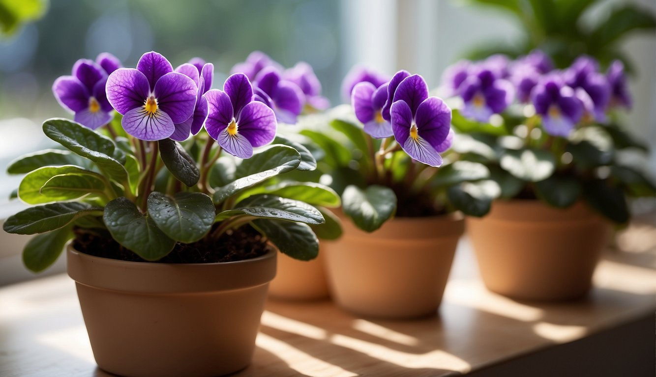 African violets displayed in a bright, airy room with indirect sunlight. Watered gently at the base, avoiding wetting the leaves. Fertilized monthly with a balanced formula