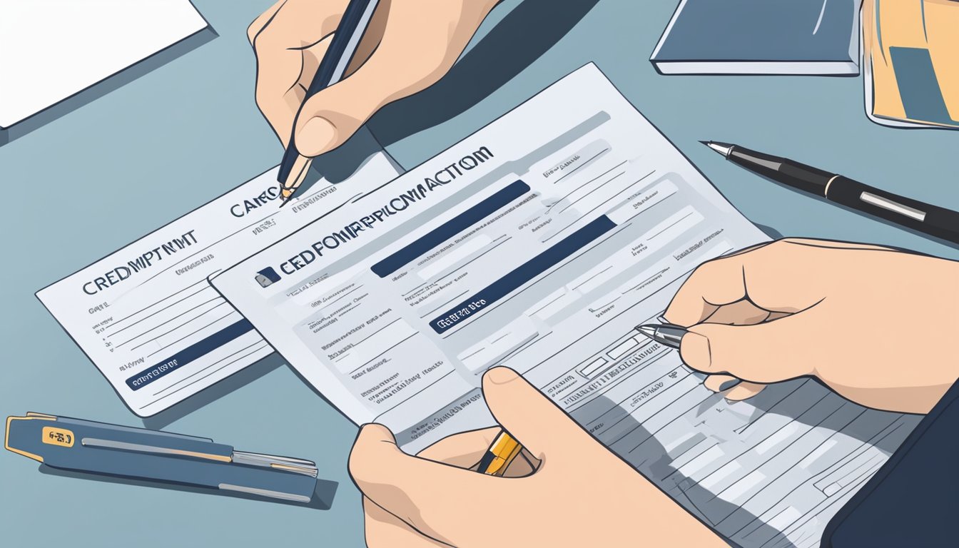 A person fills out a credit card application form with a pen. The form includes sections for personal information, financial details, and employment history. The person also gathers supporting documents such as identification and proof of income