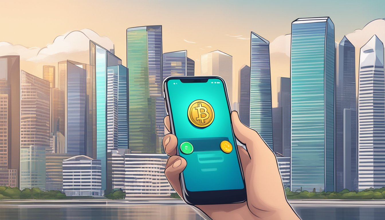 A person in Singapore using a smartphone to access a crypto wallet app, with the city skyline in the background