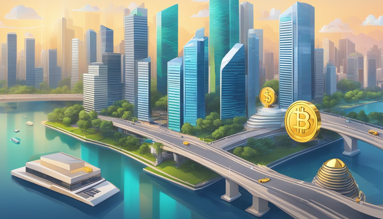 A cityscape of Singapore with digital currency symbols overlaying skyscrapers, representing the regulatory landscape for crypto wallets
