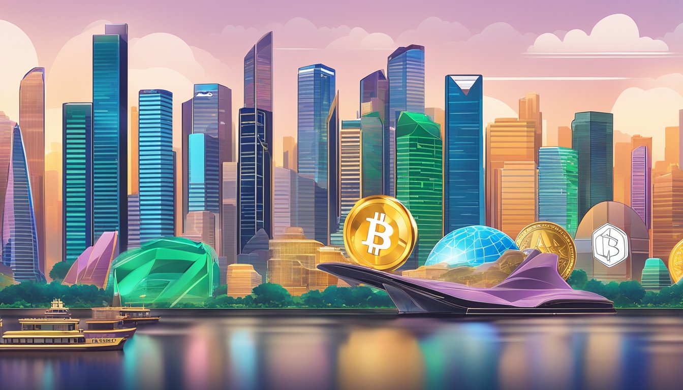 Various crypto wallets and exchanges logos displayed on a digital screen with a backdrop of the Singapore skyline