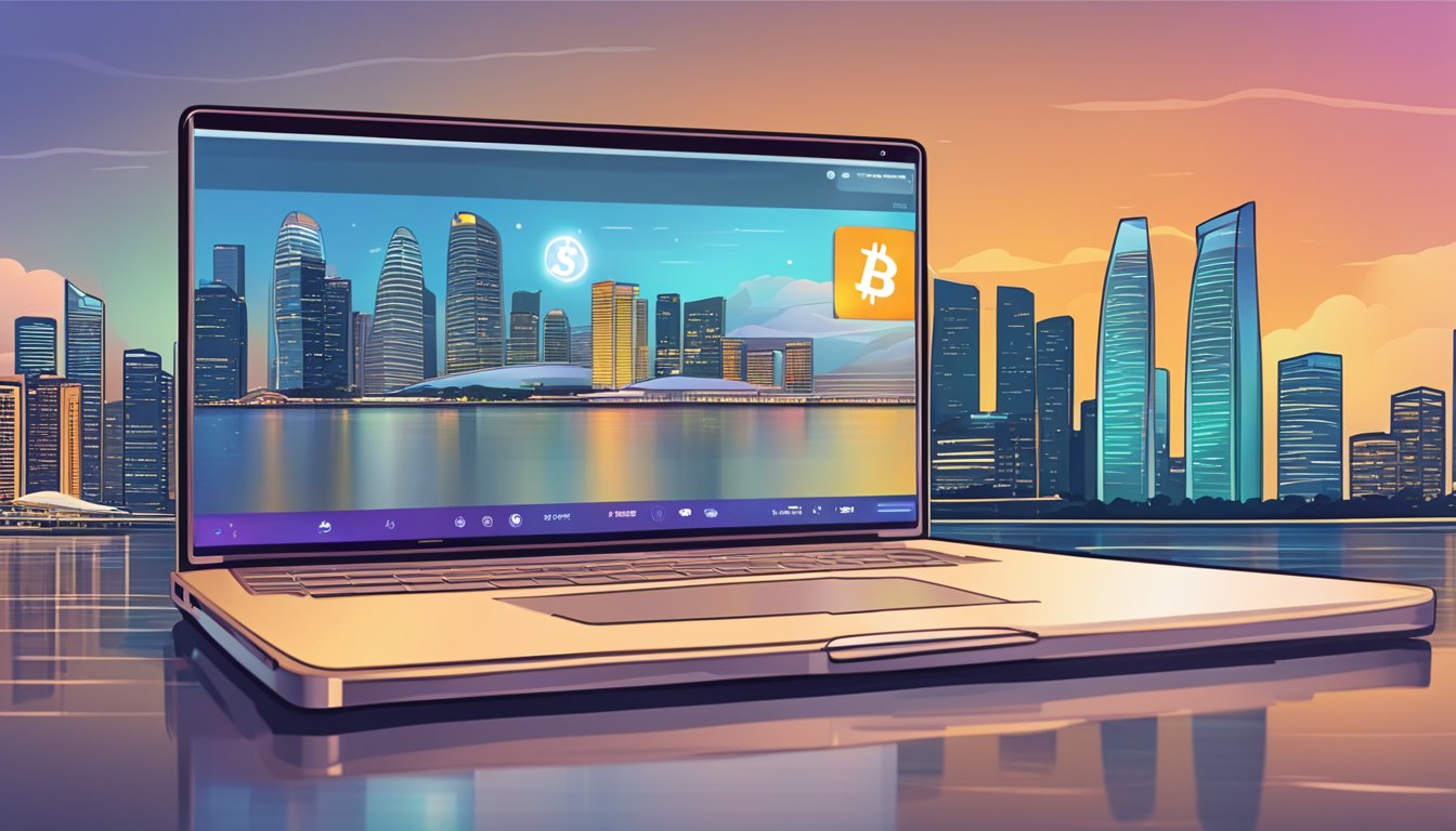 A laptop displaying a cryptocurrency wallet interface with a Singapore skyline in the background