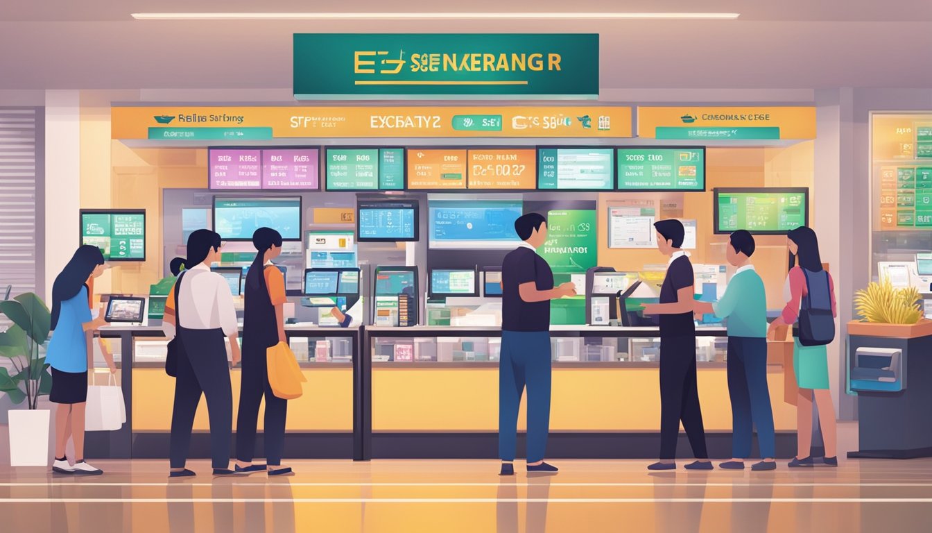 A bustling currency exchange counter at Mustafa Singapore, with customers exchanging money and staff assisting. Brightly lit signs display exchange rates