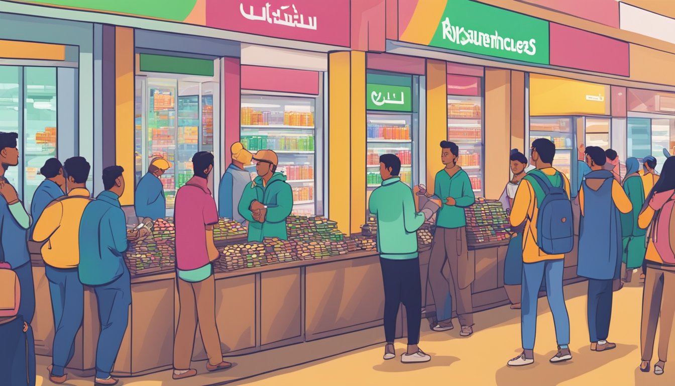 Customers exchanging currency at Mustafa Centre, with colorful banknotes and a busy exchange counter