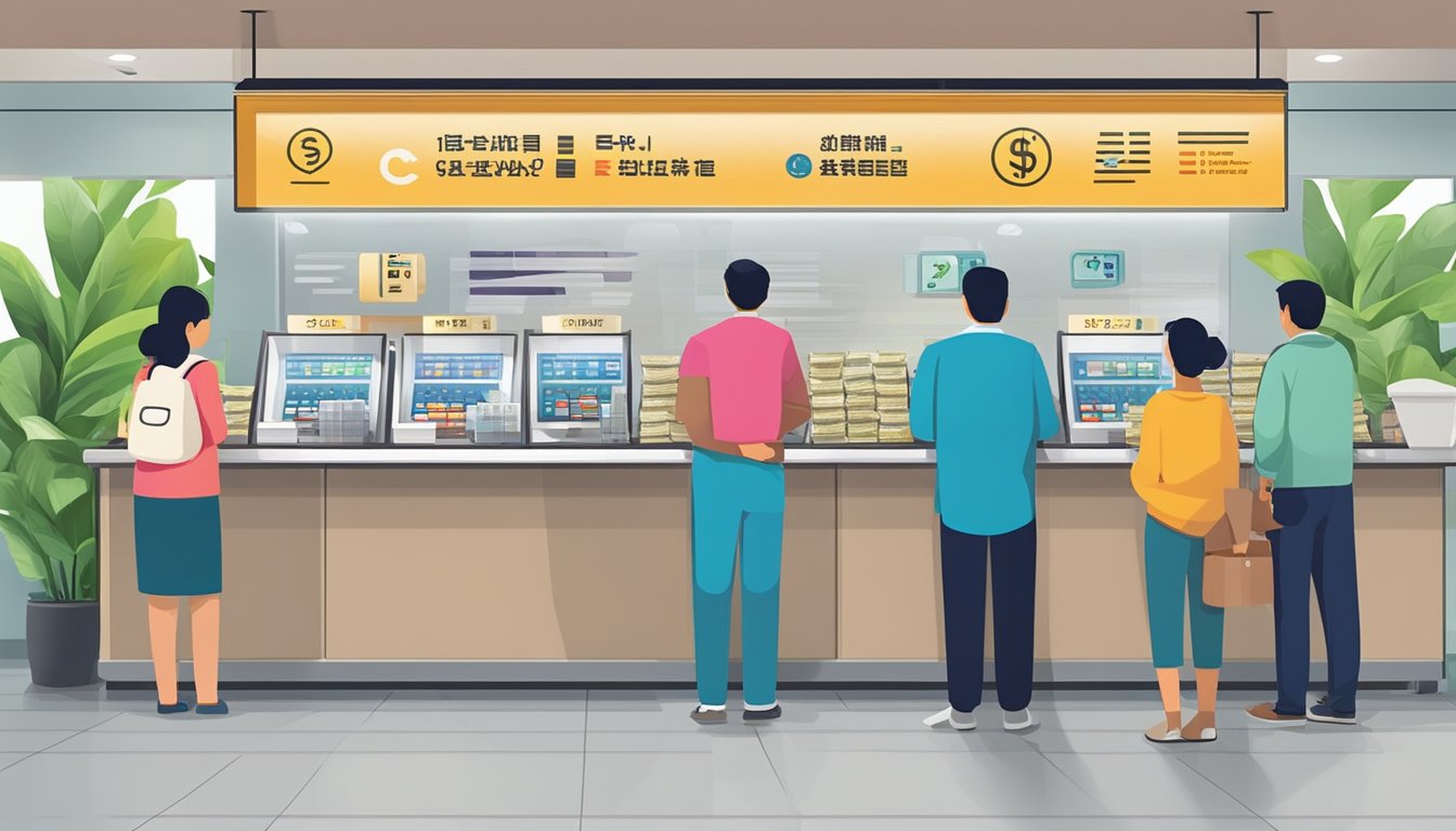 Customers lining up at currency exchange counter in Mustafa, Singapore. Signage with "Frequently Asked Questions" displayed prominently