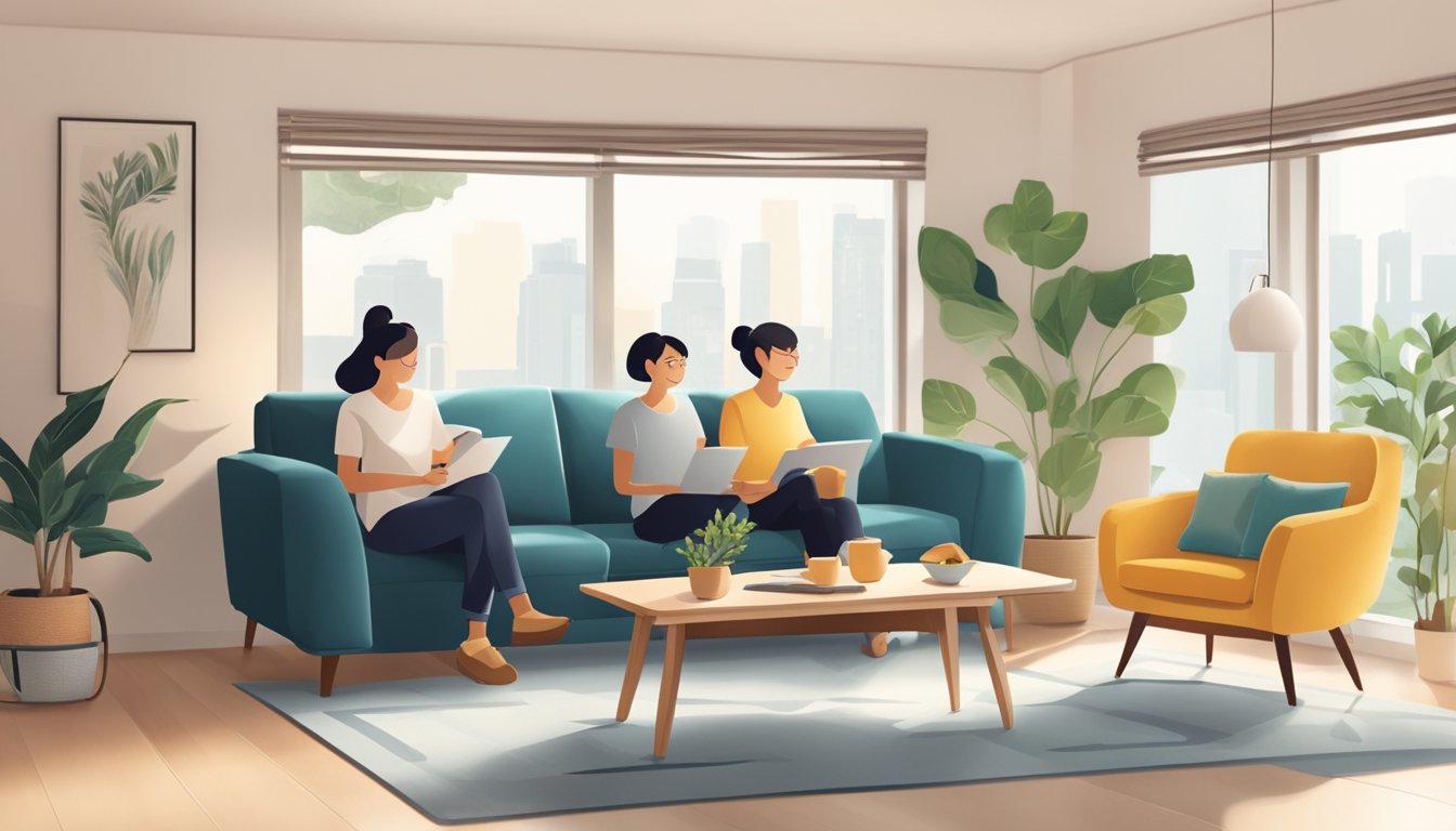 A cozy living room with a family seated on a comfortable couch, discussing the benefits of the DBS 5 Year Fixed Home Loan in Singapore. The room is filled with natural light and features modern decor